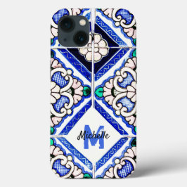 Azulejo Mönster Tiles Navy White Monogram