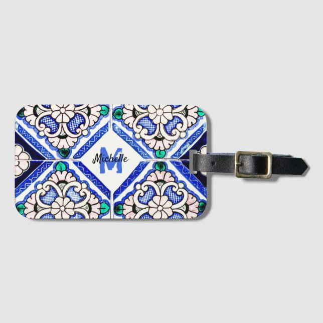Azulejo Mönster Tiles Navy White Monogram Bagagebricka (Framsida horisontal)