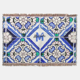 Azulejo Mönster Tiles Navy White Monogram Filt