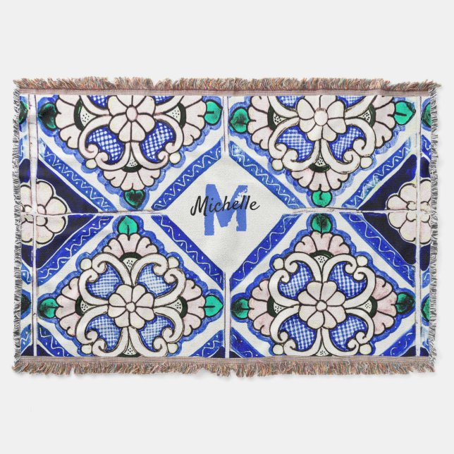 Azulejo Mönster Tiles Navy White Monogram Filt (Framsidan)