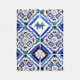 Azulejo Mönster Tiles Navy White Monogram Fleecefilt