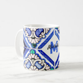 Azulejo Mönster Tiles Navy White Monogram Kaffemugg