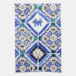 Azulejo Mönster Tiles Navy White Monogram Kökshandduk