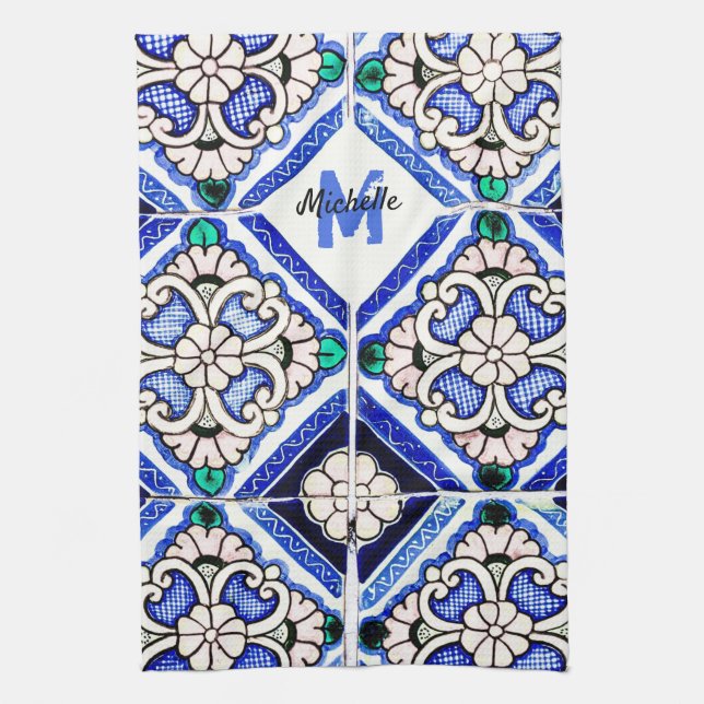 Azulejo Mönster Tiles Navy White Monogram Kökshandduk (Vertikal)