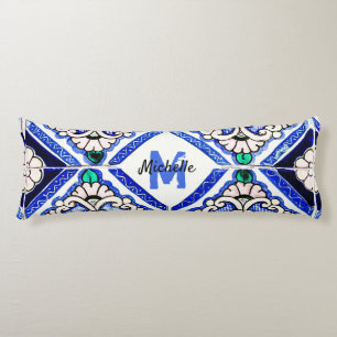 Azulejo Mönster Tiles Navy White Monogram Kroppskudde