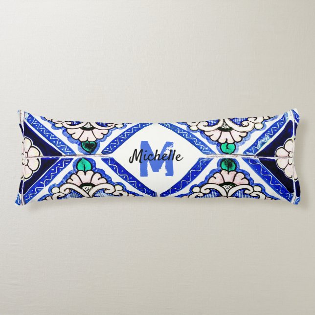 Azulejo Mönster Tiles Navy White Monogram Kroppskudde (Framsidan)