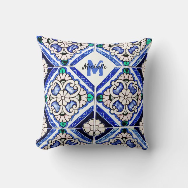 Azulejo Mönster Tiles Navy White Monogram Kudde (Framsida)