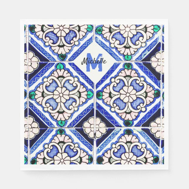 Azulejo Mönster Tiles Navy White Monogram Pappersservett (Framsidan)