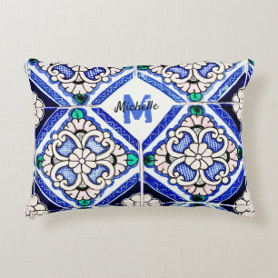 Azulejo Mönster Tiles Navy White Monogram Prydnadskudde