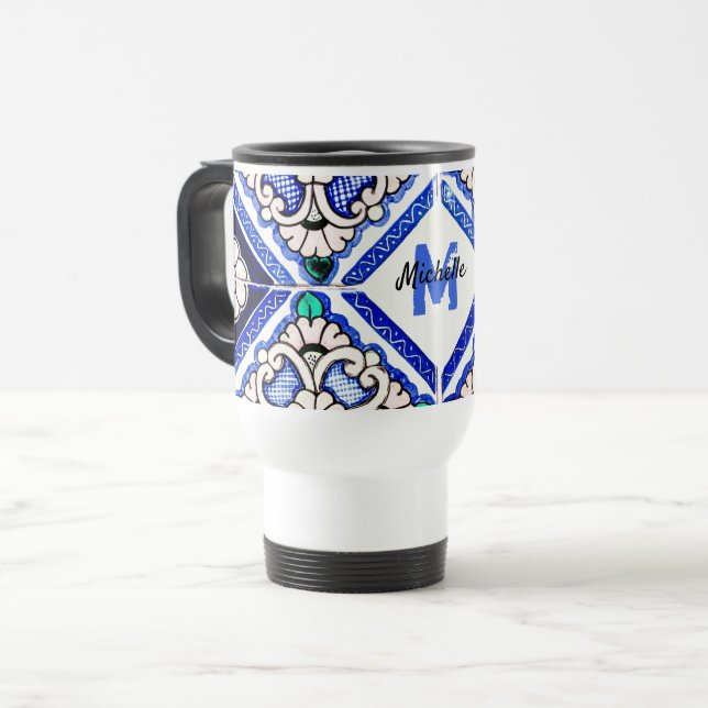 Azulejo Mönster Tiles Navy White Monogram Resemugg (Framsida vänster)