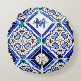 Azulejo Mönster Tiles Navy White Monogram Rund Kudde