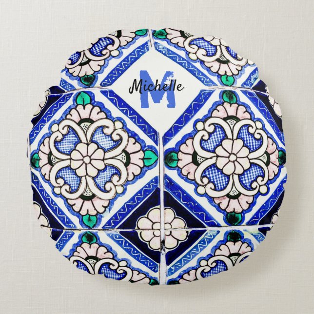 Azulejo Mönster Tiles Navy White Monogram Rund Kudde (Framsidan)