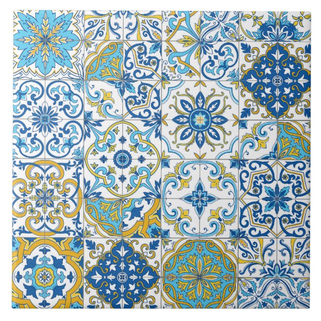 Azulejo-plattor i blått och gult kakelplatta (Framsidan)