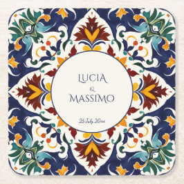 Azulejo Talavera Blue Mediterranean bröllopfavors Underlägg Papper Kvadrat