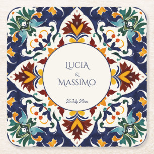 Azulejo Talavera Blue Mediterranean bröllopfavors Underlägg Papper Kvadrat