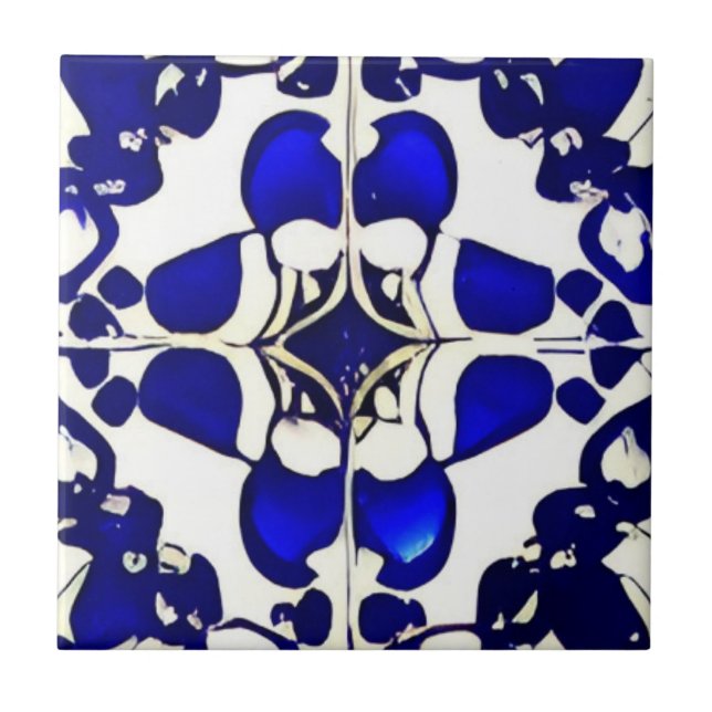 Azulejos blå vita indigo geometrisk konst kakelplatta (Framsidan)