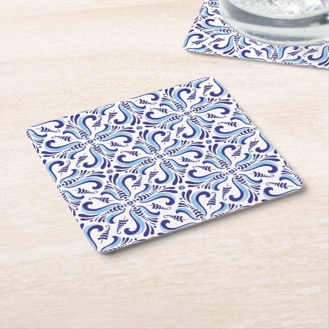 Azulejos Blue-Blommönster Underlägg Papper Kvadrat (Vinklad)