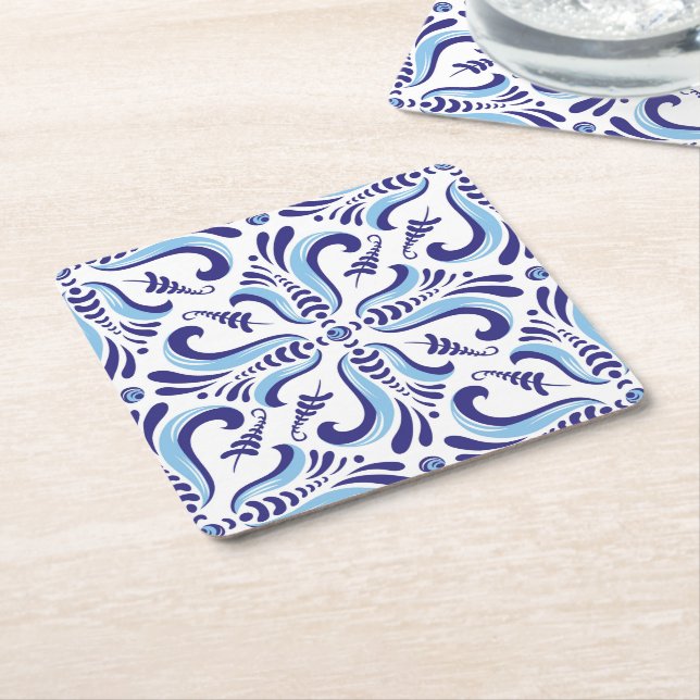 Azulejos Blue-Blommönster Underlägg Papper Kvadrat (Vinklad)