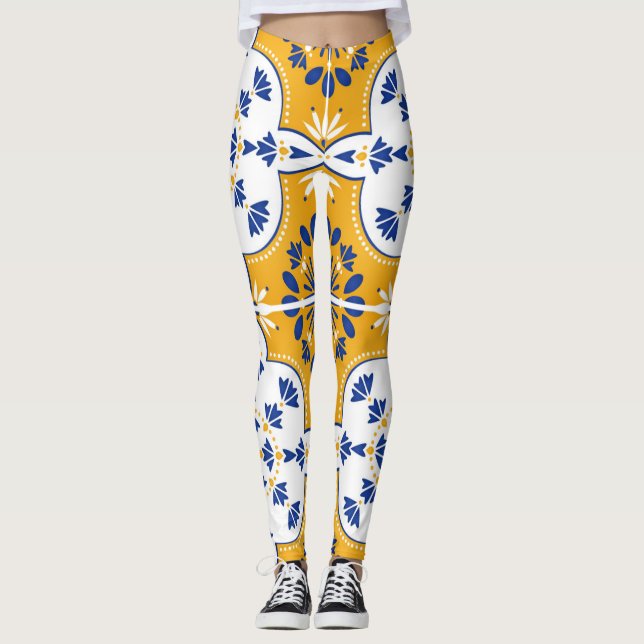 Azulejos Blue Gult White Mönster Tiles Leggings (Framsida)