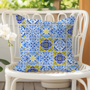 Azulejos Kakelmönster Blå Vit Gul Kudde