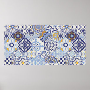 Azulejos lappverk. Sömlös, färglös lapptäcke Poster