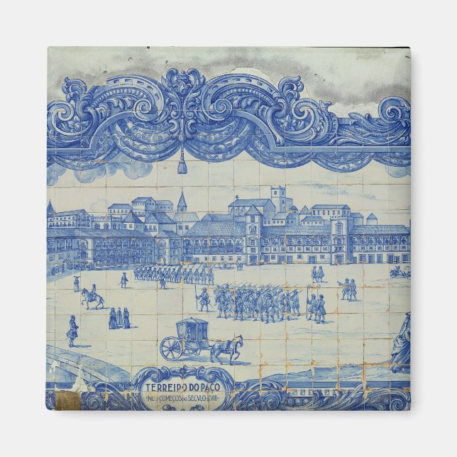 Azulejos-plattor som skildrar Praca do Comercio Magnet (Framsidan)