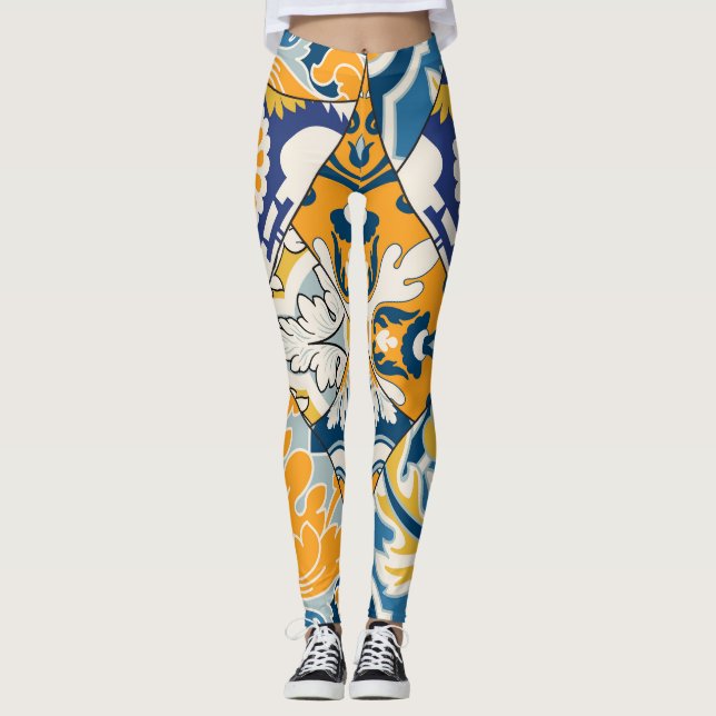 Azulejos Tiles Patchwork Vintage Tapet Leggings (Framsida)