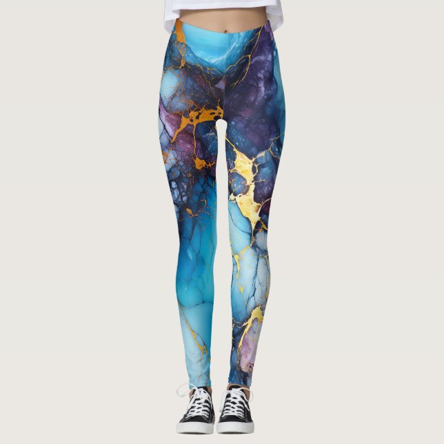 Azurblå & ametistmarmor med gyllene ådror leggings (Framsida)