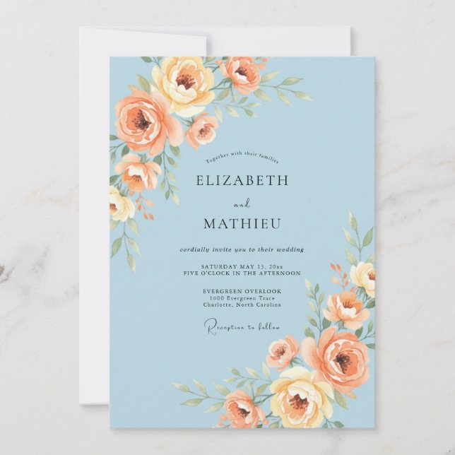 Azurblå Elegant Sommarbröllop Inbjudningar (Framsida)