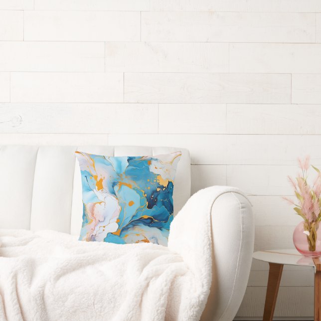 Azurblå Marmor med Gyllene Stänk Kudde (Soffa)