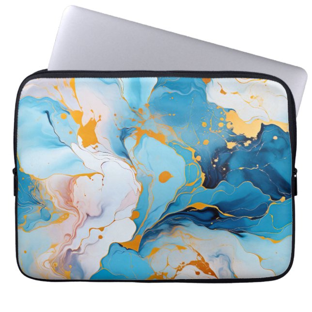 Azurblå Marmor med Gyllene Stänk Laptop Fodral (Framsidan)