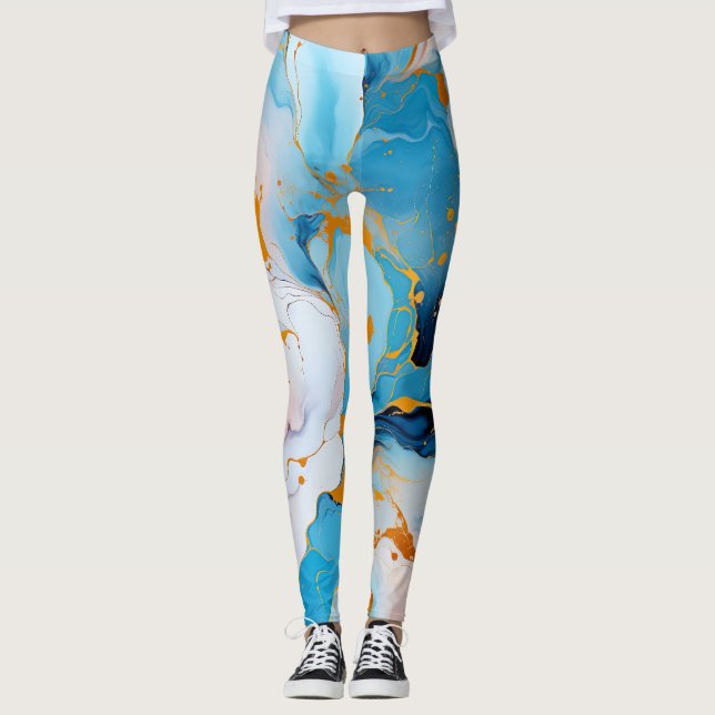 Azurblå Marmor med Gyllene Stänk Leggings (Framsida)