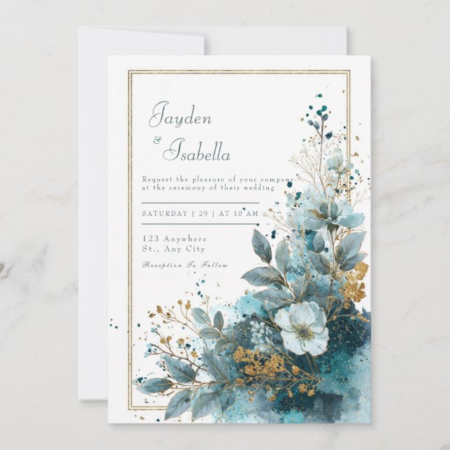 Azurblå Turkos Guld Glitter Vattenfärg Blommig Brö Inbjudningar (Framsida)
