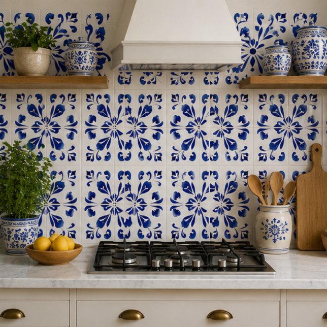 Azure Arabesque Floral Geometry Elegant Coastal Kakelplatta (Skapare uppladdad)