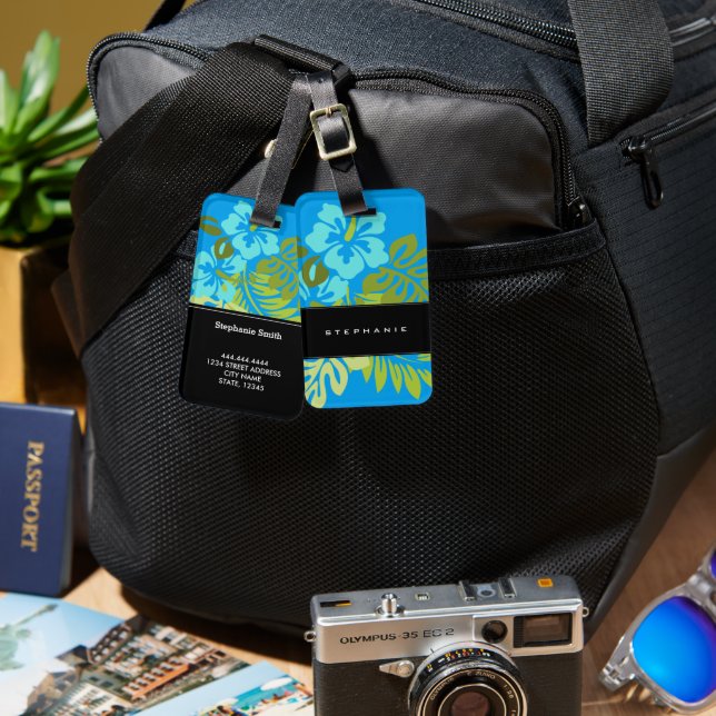 Azure blått för modern tropisk strandhibiskus bagagebricka (Fram & Baksida)