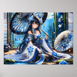 Azure Blommar Kimono Girl Poster