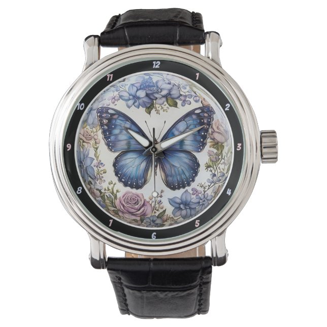 Azure Bloom" - Blue Butterfly Floral Armbandsur (Framsida)