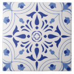 Azure Bloom Kor Kakelplatta<br><div class="desc">Azure Bloom Kor-designen fångar kärnan av klassisk Medelhavsbrickor med en modern twist. Djuphavets blommigtar och flytande former utstrålar symmetriskt från ett centralt motiv för kor, som symboliserar harmoni och skydd. Med sin skarpa kontrast och elegant kurvor är den här designen perfekt för plattor, underlägg, väggkonst eller tygdetaljer</div>