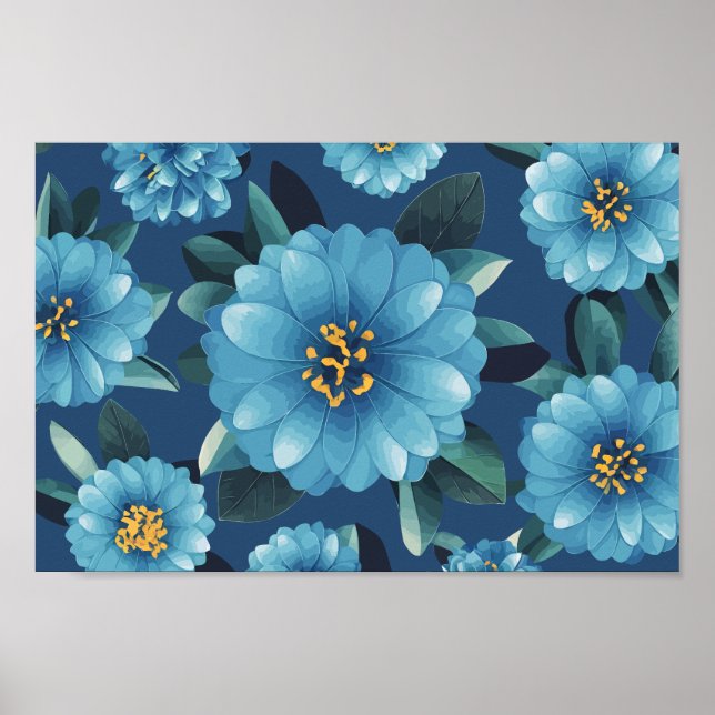 Azure Blooms: Vibrant Blue-Blommönster Poster (Framsidan)