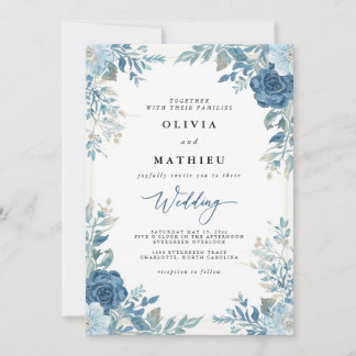 Azure Blue Blommigt Romantik Bröllop Inbjudningar
