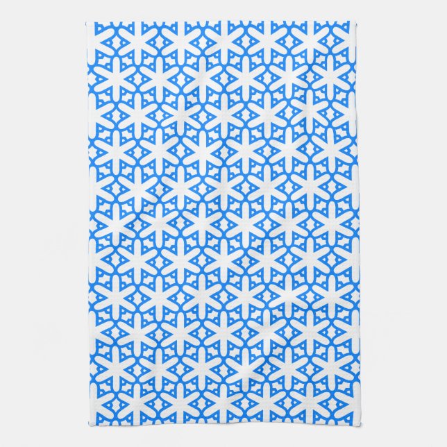 Azure Blue Geometic Flower Tile Kökshandduk (Vertikal)