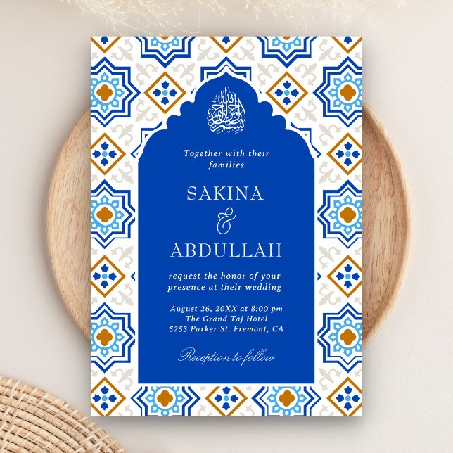 Azure Blue Persian Mosaic QR Code Muslim Bröllop Inbjudningar (Skapare uppladdad)