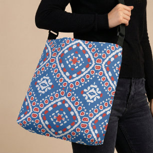 Azure Blue Red and White Ethnic Bohemian Mönster Axelväska