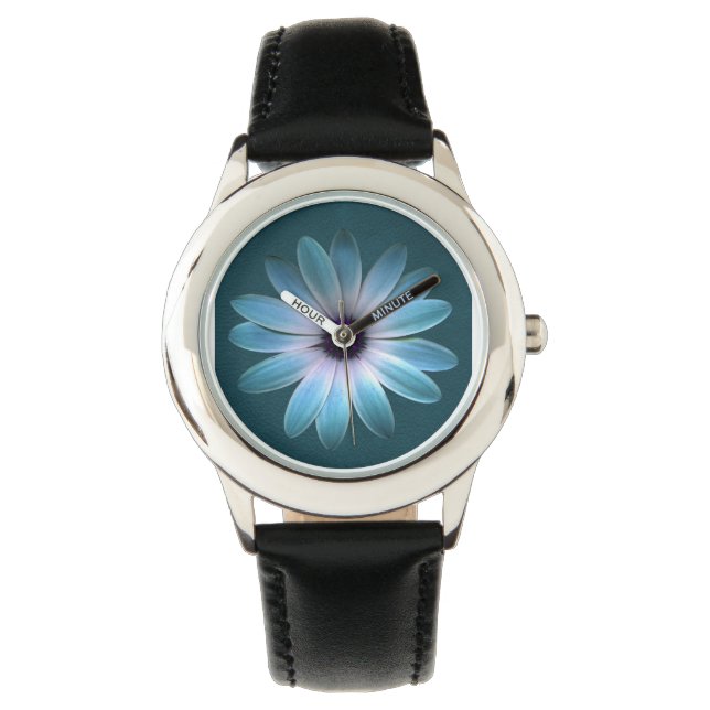 Azure Daisy på Mörk till läderutskrift Armbandsur (Framsida)