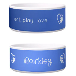 Azure 'eat play love' Dog Name Bowl