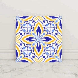 Azure Elegance  Blue and Gold Floral Mosaic Kakelplatta