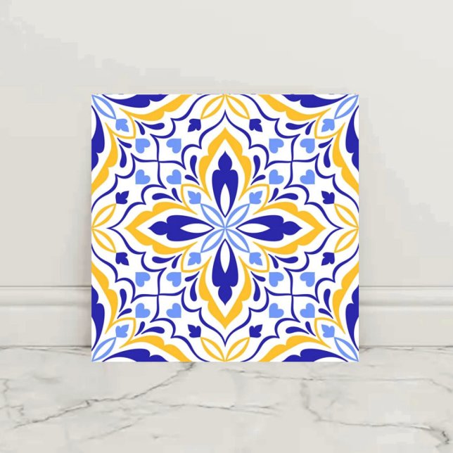 Azure Elegance  Blue and Gold Floral Mosaic Kakelplatta (Skapare uppladdad)