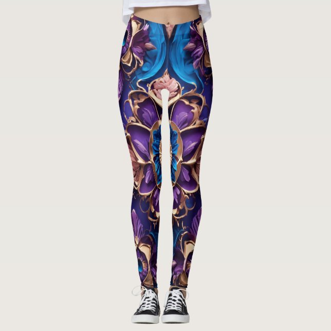 "Azure Elegance: Luxurious Blue Blommigt Leggings" Leggings (Framsida)