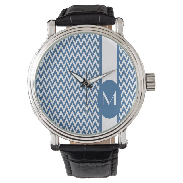 Azure Elegant Chevron Design med monogram Armbandsur (Framsida)