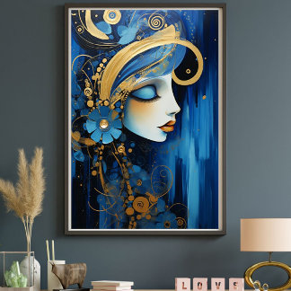 Azure Empress – Blå och guld Art Deco kvinna Canvastryck